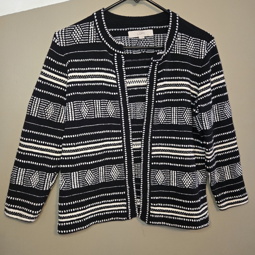 Loft Womens Geometric Patterned Knit Blazer Cropped Sleeve Size Small Ann Taylor